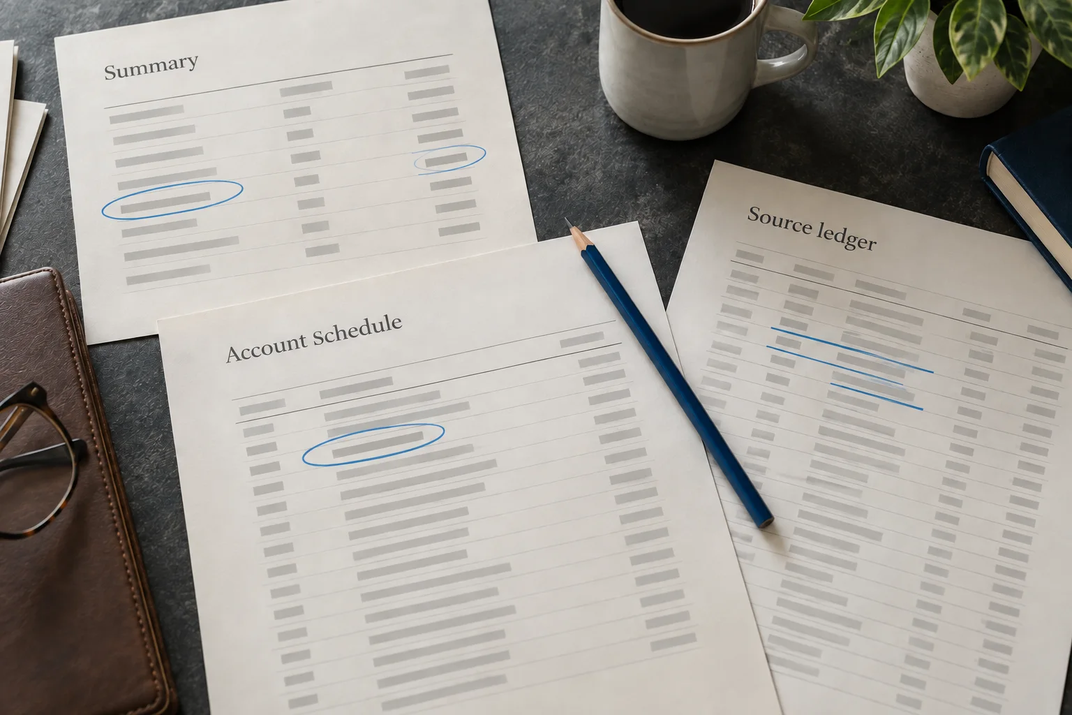 Illustration of a summary figure traced through account schedules to its source.