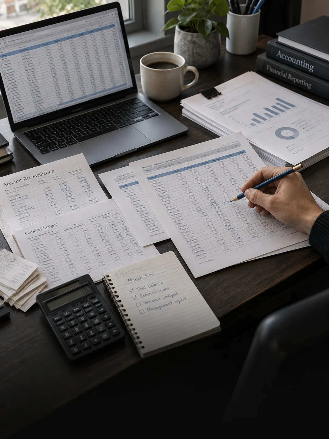 Illustration of month-end reconciliation across spreadsheets, account schedules and an unfinished management report.