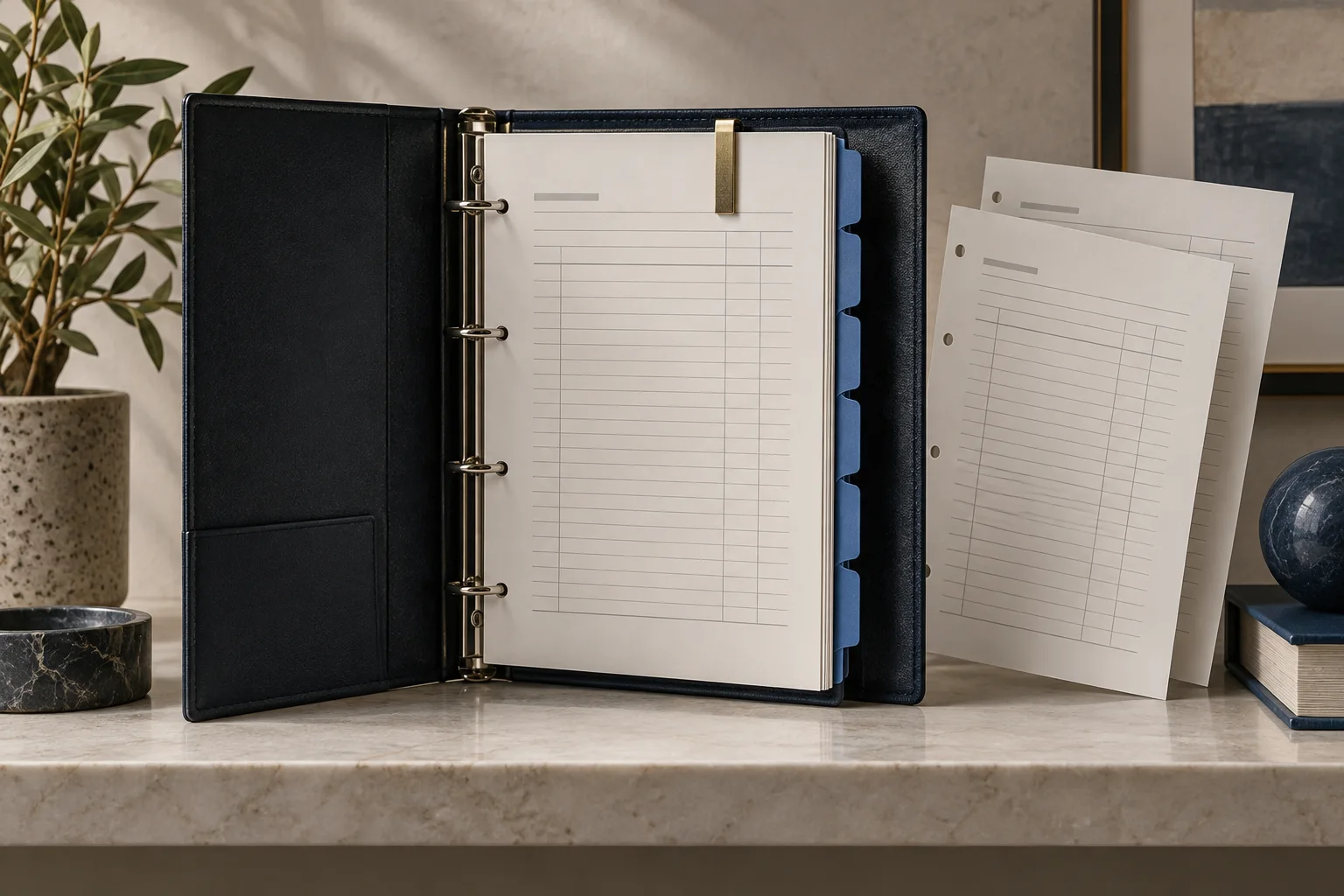 Illustration of a preserved reporting binder with fresh monthly inserts.